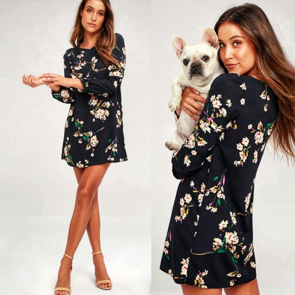 Lulus Navy Floral Long Sleeve Shift Dress SZ Small NWT